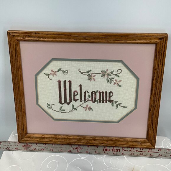 Handmade Welcome Cross-Stitch Framed In Oak Wood With Pink Matte Accent - Picture 6 of 7